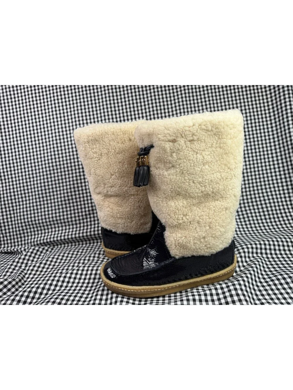 Tory Burch Womens 7 Navy Patent Leather Shearling Tall Boots Tassel Winter